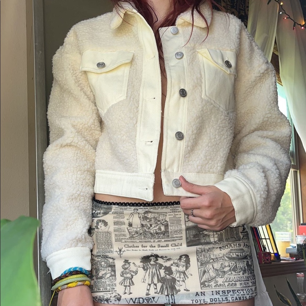 white sherpa denim jacket, satin lined